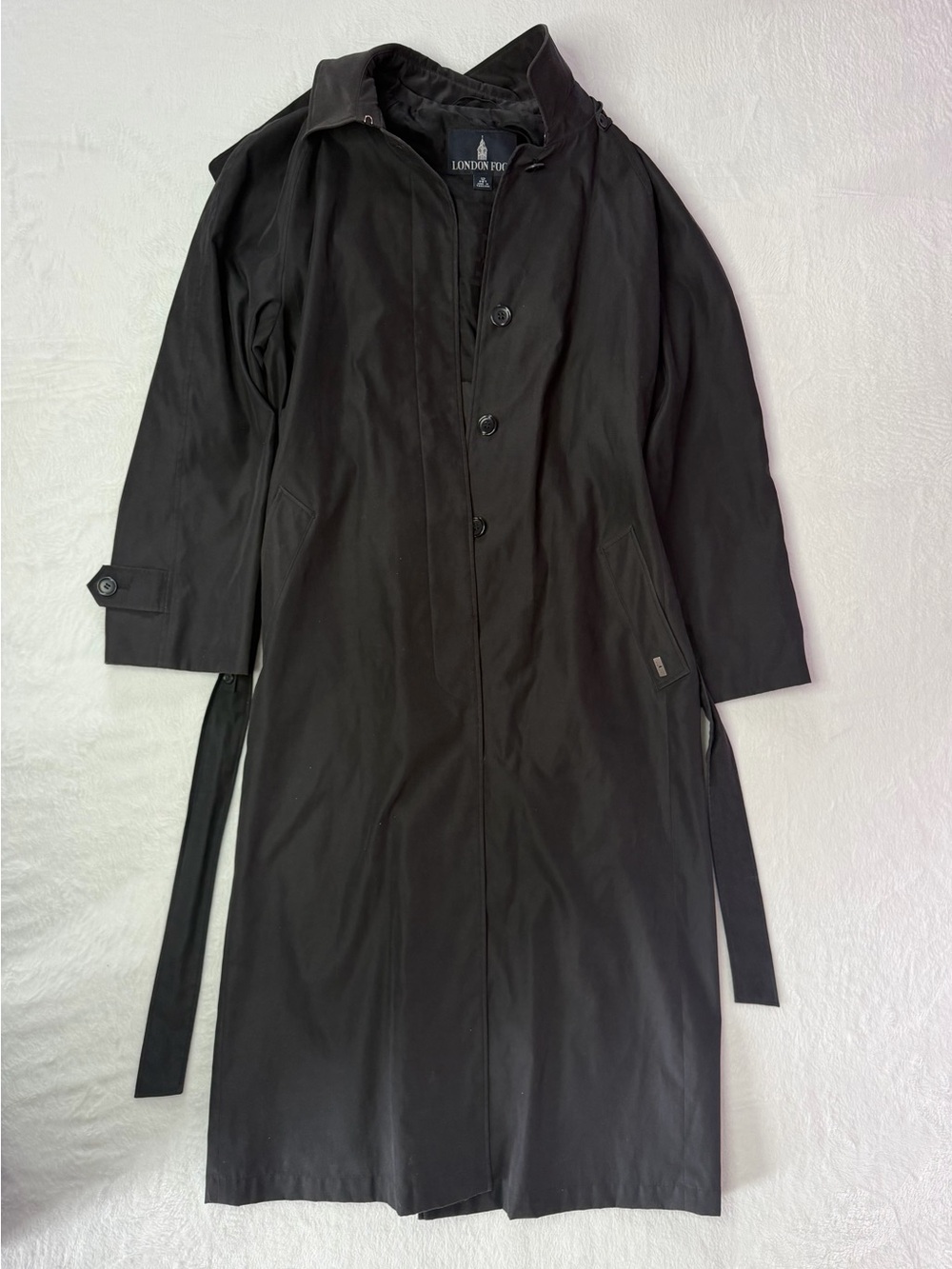 London Fog Black Full Length Trench Coat 12P Hooded Belted Old Money